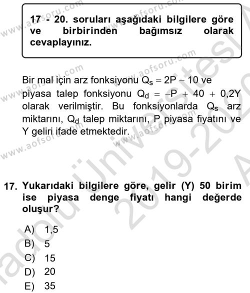 Matematiksel İktisat Dersi 2019 - 2020 Yılı (Vize) Ara Sınavı 17. Soru