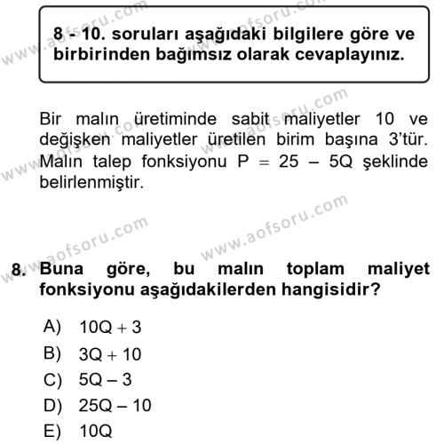 Matematiksel İktisat Dersi 2019 - 2020 Yılı (Vize) Ara Sınavı 8. Soru