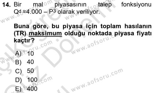 Matematiksel İktisat Dersi 2021 - 2022 Yılı (Vize) Ara Sınavı 14. Soru