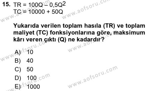 Matematiksel İktisat Dersi 2021 - 2022 Yılı (Final) Dönem Sonu Sınavı 15. Soru