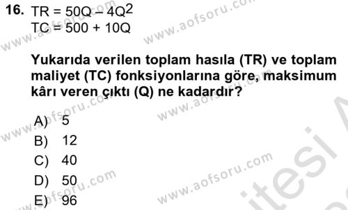 Matematiksel İktisat Dersi 2021 - 2022 Yılı (Final) Dönem Sonu Sınavı 16. Soru