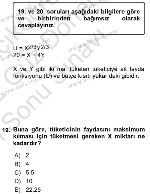 Matematiksel İktisat Dersi 2021 - 2022 Yılı (Final) Dönem Sonu Sınavı 19. Soru