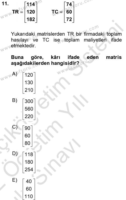 Matematiksel İktisat Dersi 2021 - 2022 Yılı Yaz Okulu Sınavı 11. Soru