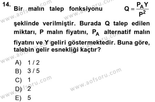 Matematiksel İktisat Dersi 2021 - 2022 Yılı Yaz Okulu Sınavı 14. Soru