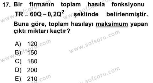 Matematiksel İktisat Dersi 2021 - 2022 Yılı Yaz Okulu Sınavı 17. Soru