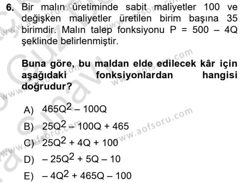 Matematiksel İktisat Dersi 2022 - 2023 Yılı (Vize) Ara Sınavı 6. Soru