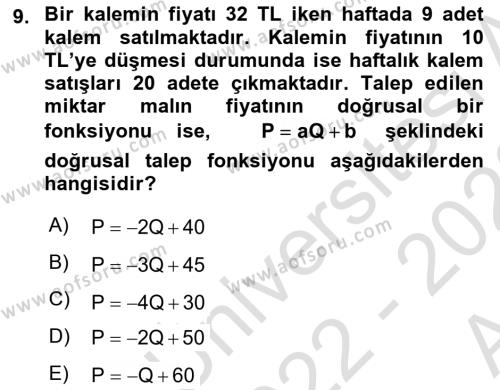 Matematiksel İktisat Dersi 2022 - 2023 Yılı (Vize) Ara Sınavı 9. Soru