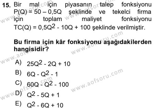 Matematiksel İktisat Dersi 2022 - 2023 Yılı (Final) Dönem Sonu Sınavı 15. Soru