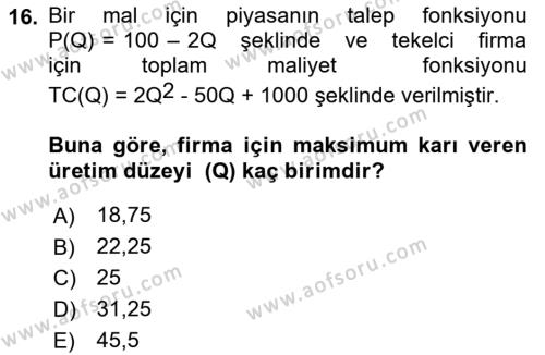 Matematiksel İktisat Dersi 2022 - 2023 Yılı (Final) Dönem Sonu Sınavı 16. Soru