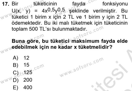 Matematiksel İktisat Dersi 2022 - 2023 Yılı (Final) Dönem Sonu Sınavı 17. Soru