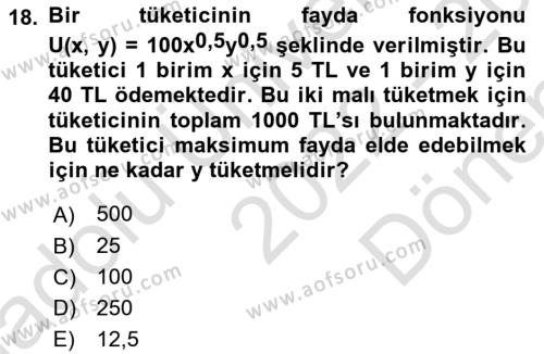 Matematiksel İktisat Dersi 2022 - 2023 Yılı (Final) Dönem Sonu Sınavı 18. Soru