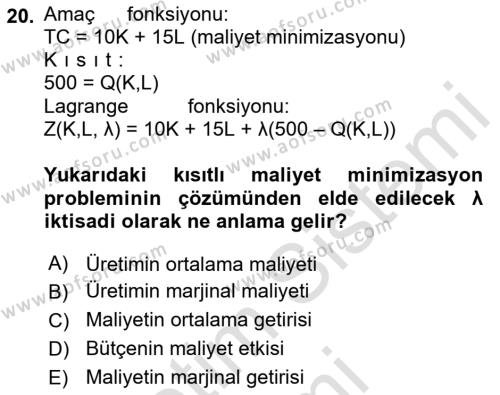 Matematiksel İktisat Dersi 2022 - 2023 Yılı (Final) Dönem Sonu Sınavı 20. Soru