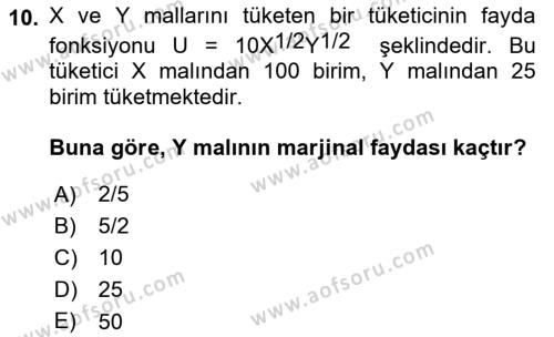 Matematiksel İktisat Dersi 2022 - 2023 Yılı Yaz Okulu Sınavı 10. Soru