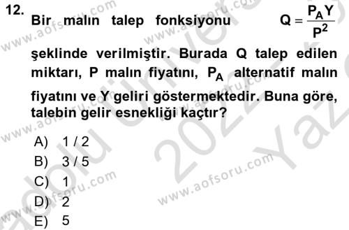 Matematiksel İktisat Dersi 2022 - 2023 Yılı Yaz Okulu Sınavı 12. Soru