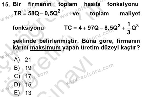 Matematiksel İktisat Dersi 2022 - 2023 Yılı Yaz Okulu Sınavı 15. Soru