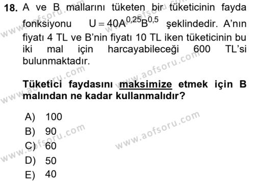 Matematiksel İktisat Dersi 2022 - 2023 Yılı Yaz Okulu Sınavı 18. Soru