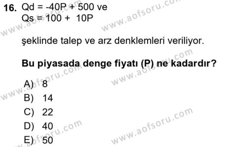 Matematiksel İktisat Dersi 2023 - 2024 Yılı (Vize) Ara Sınavı 16. Soru