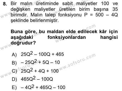 Matematiksel İktisat Dersi 2023 - 2024 Yılı (Vize) Ara Sınavı 8. Soru