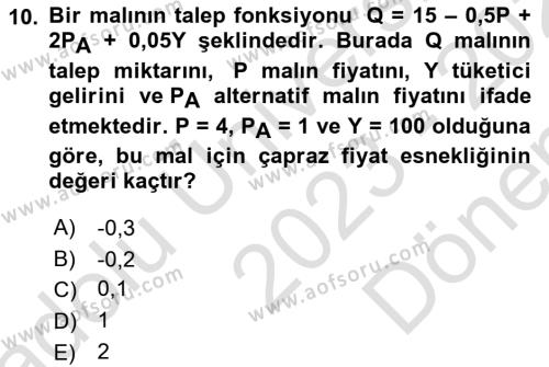 Matematiksel İktisat Dersi 2023 - 2024 Yılı (Final) Dönem Sonu Sınavı 10. Soru