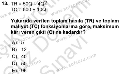 Matematiksel İktisat Dersi 2023 - 2024 Yılı (Final) Dönem Sonu Sınavı 13. Soru