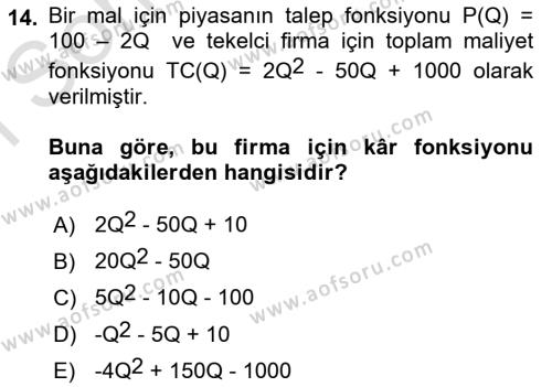 Matematiksel İktisat Dersi 2023 - 2024 Yılı (Final) Dönem Sonu Sınavı 14. Soru