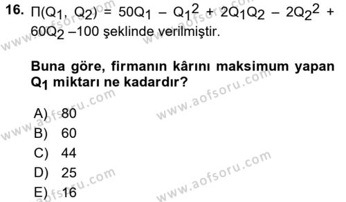 Matematiksel İktisat Dersi 2023 - 2024 Yılı (Final) Dönem Sonu Sınavı 16. Soru