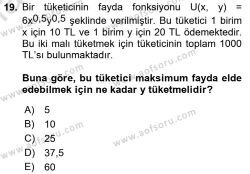 Matematiksel İktisat Dersi 2023 - 2024 Yılı (Final) Dönem Sonu Sınavı 19. Soru