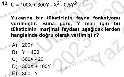 Matematiksel İktisat Dersi 2023 - 2024 Yılı Yaz Okulu Sınavı 12. Soru