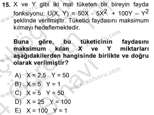 Matematiksel İktisat Dersi 2023 - 2024 Yılı Yaz Okulu Sınavı 15. Soru