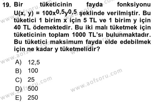 Matematiksel İktisat Dersi 2023 - 2024 Yılı Yaz Okulu Sınavı 19. Soru