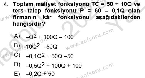 Matematiksel İktisat Dersi 2023 - 2024 Yılı Yaz Okulu Sınavı 4. Soru