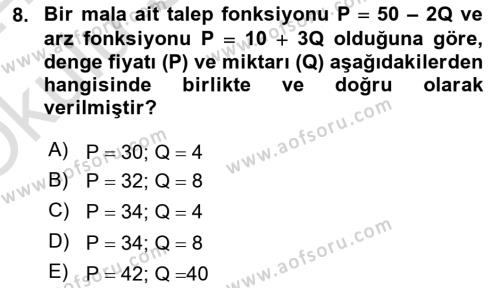 Matematiksel İktisat Dersi 2023 - 2024 Yılı Yaz Okulu Sınavı 8. Soru