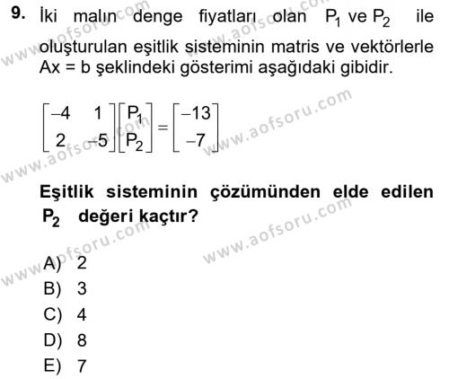 Matematiksel İktisat Dersi 2023 - 2024 Yılı Yaz Okulu Sınavı 9. Soru