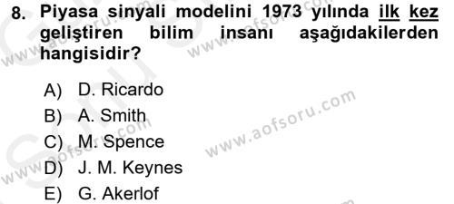 Sanayi Ekonomisi Dersi 2017 - 2018 Yılı (Final) Dönem Sonu Sınavı 8. Soru