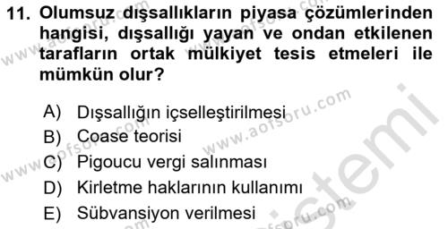 Kamu Ekonomisi 1 Dersi 2020 - 2021 Yılı Yaz Okulu Sınavı 11. Soru