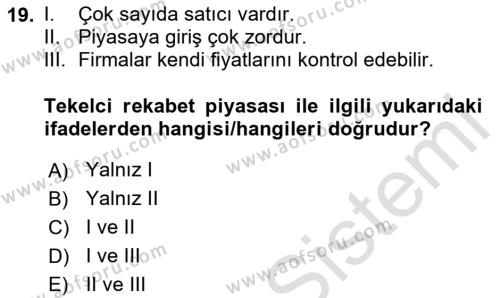 Kamu Ekonomisi 1 Dersi 2020 - 2021 Yılı Yaz Okulu Sınavı 19. Soru