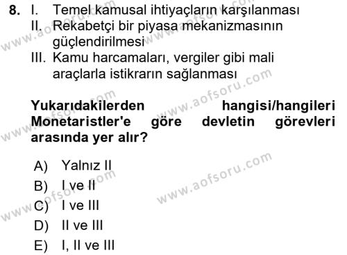 Kamu Ekonomisi 1 Dersi 2020 - 2021 Yılı Yaz Okulu Sınavı 8. Soru