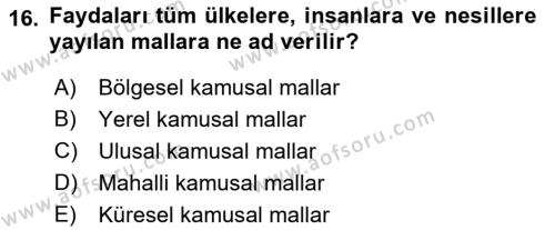 Kamu Ekonomisi 1 Dersi 2022 - 2023 Yılı (Vize) Ara Sınavı 16. Soru