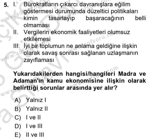 Kamu Ekonomisi 1 Dersi 2022 - 2023 Yılı (Vize) Ara Sınavı 5. Soru