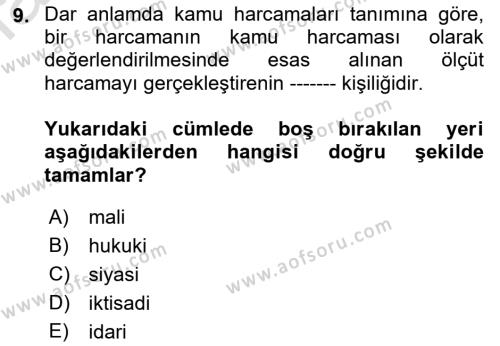 Kamu Ekonomisi 1 Dersi 2022 - 2023 Yılı (Vize) Ara Sınavı 9. Soru