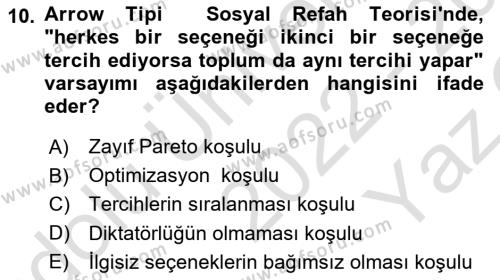 Kamu Ekonomisi 1 Dersi 2022 - 2023 Yılı Yaz Okulu Sınavı 10. Soru