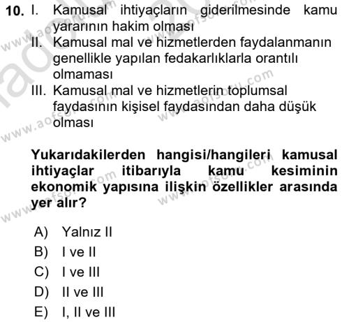 Kamu Ekonomisi 1 Dersi 2023 - 2024 Yılı (Vize) Ara Sınavı 10. Soru