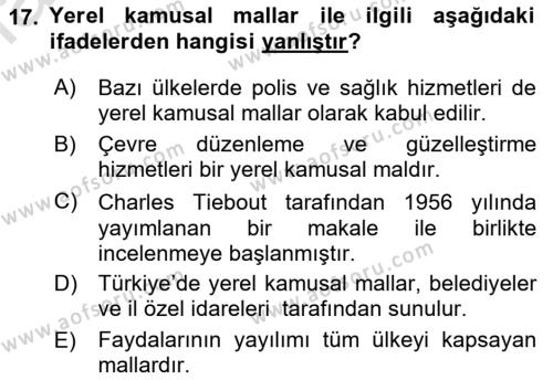 Kamu Ekonomisi 1 Dersi 2023 - 2024 Yılı (Vize) Ara Sınavı 17. Soru