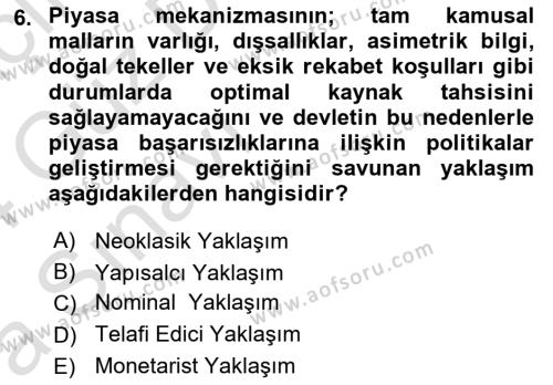 Kamu Ekonomisi 1 Dersi 2023 - 2024 Yılı (Vize) Ara Sınavı 6. Soru