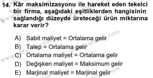 Kamu Ekonomisi 1 Dersi 2023 - 2024 Yılı (Final) Dönem Sonu Sınavı 14. Soru