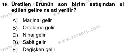 Kamu Ekonomisi 1 Dersi 2023 - 2024 Yılı (Final) Dönem Sonu Sınavı 16. Soru