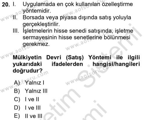 Kamu Ekonomisi 1 Dersi 2023 - 2024 Yılı (Final) Dönem Sonu Sınavı 20. Soru