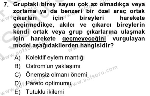 Kamu Ekonomisi 1 Dersi 2023 - 2024 Yılı (Final) Dönem Sonu Sınavı 7. Soru