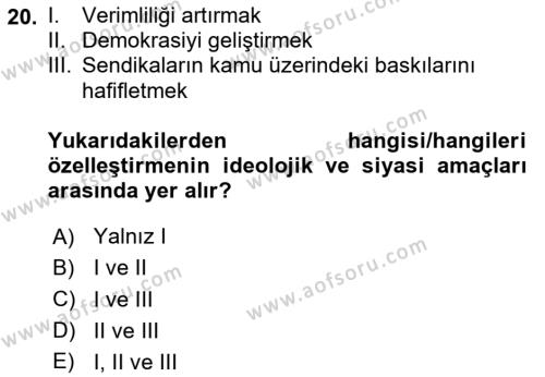 Kamu Ekonomisi 1 Dersi 2023 - 2024 Yılı Yaz Okulu Sınavı 20. Soru