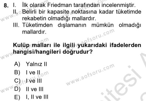 Kamu Ekonomisi 1 Dersi 2023 - 2024 Yılı Yaz Okulu Sınavı 8. Soru